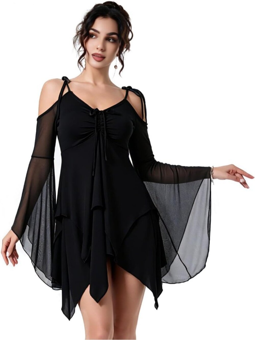 Women's Black Fairycore Off Shoulder Mesh Bell Sleeve Handkerchief Faire Cosplay